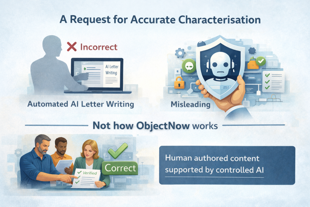 Illustration comparing automated AI letter writing, marked as incorrect, with a human led process where verified documents are reviewed by people and supported by controlled artificial intelligence, showing how ObjectNow operates.