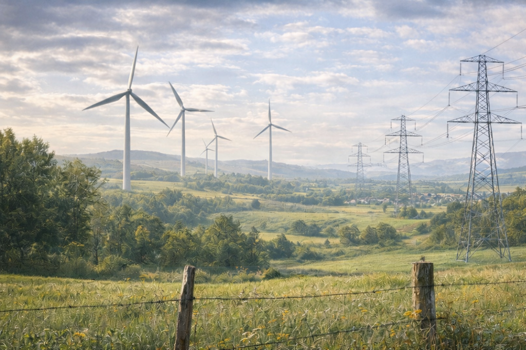 Onshore wind turbines and electricity pylons crossing rural Scottish countryside with farmland and hills in the background.