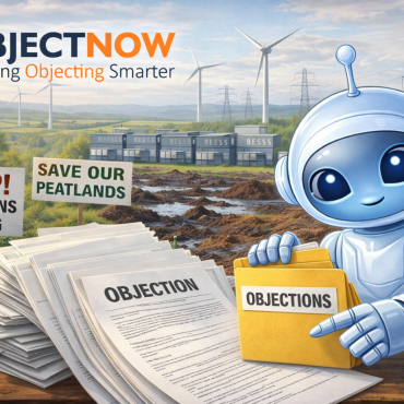 ObjectNow AI reviewing objections to Scotland’s energy planning, showing wind farms, battery storage infrastructure, peatland damage and electricity pylons.