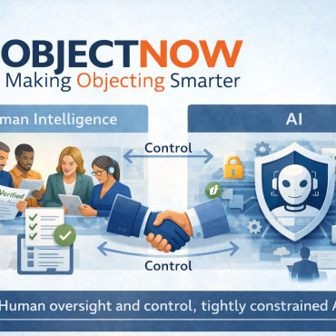 Wide banner image showing the ObjectNow logo and tagline at the top, with an illustration beneath comparing human intelligence and artificial intelligence. People are shown reviewing verified documents on one side, a secured AI system on the other, connected by arrows labelled control, representing human oversight and tightly constrained use of AI within ObjectNow.