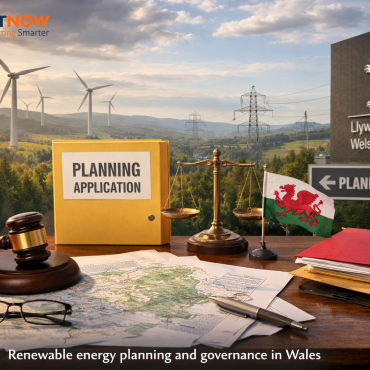 Planning documents and legal symbols set against wind turbines and Welsh Government context, illustrating renewable energy planning and governance in Wales.