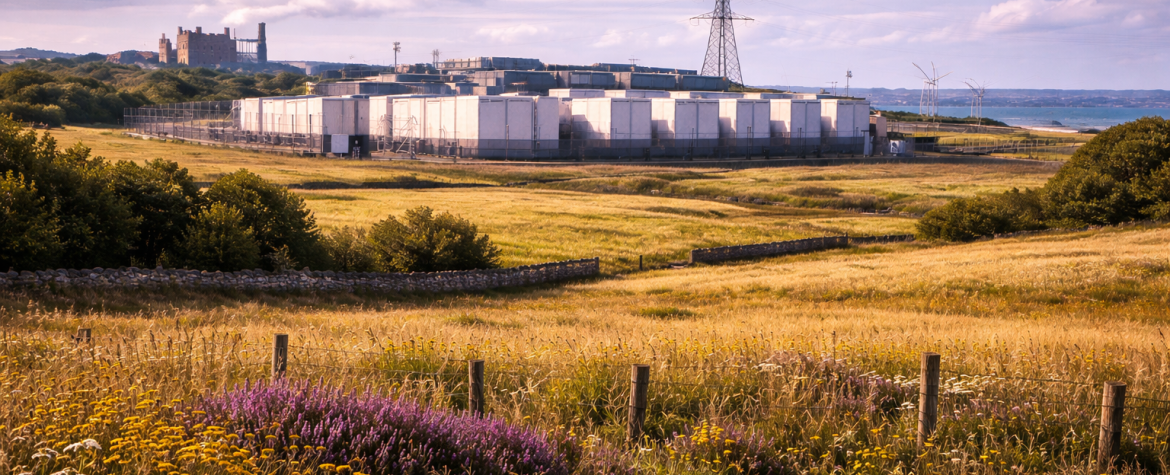 Illustrated landscape of a large battery energy storage facility set within open Caithness countryside, with fenced white battery units and electricity pylons in the midground, rolling farmland and wildflowers in the foreground, and the Castle of Mey visible near the coast under a wide evening sky.