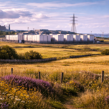 Illustrated landscape of a large battery energy storage facility set within open Caithness countryside, with fenced white battery units and electricity pylons in the midground, rolling farmland and wildflowers in the foreground, and the Castle of Mey visible near the coast under a wide evening sky.