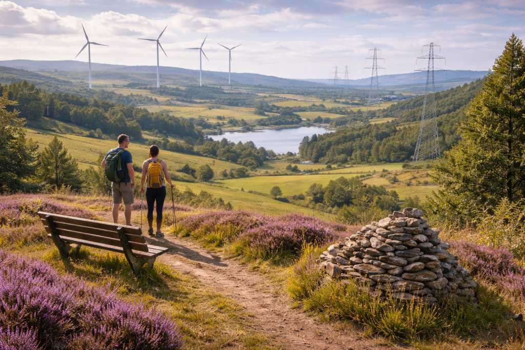 Hikers overlooking a Scottish countryside landscape with hills, lochs and wind turbines visible in the distance.