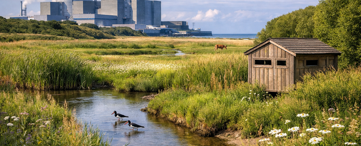 Nuclear power station next to a wetland with wildlife, showing a nature reserve in the foreground and reactor buildings in the distance.