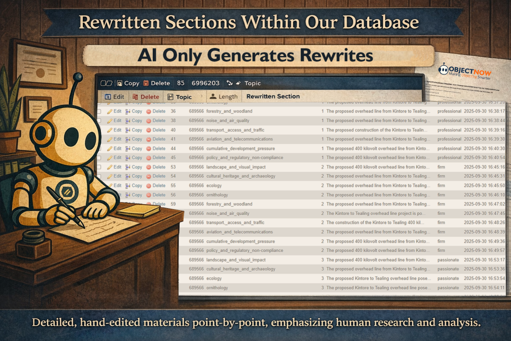 Illustration showing a stylised ObjectNow mascot writing at a desk alongside an unchanged database screenshot displaying multiple rewritten objection sections, representing how verified human authored content is stored and reused within the ObjectNow system.