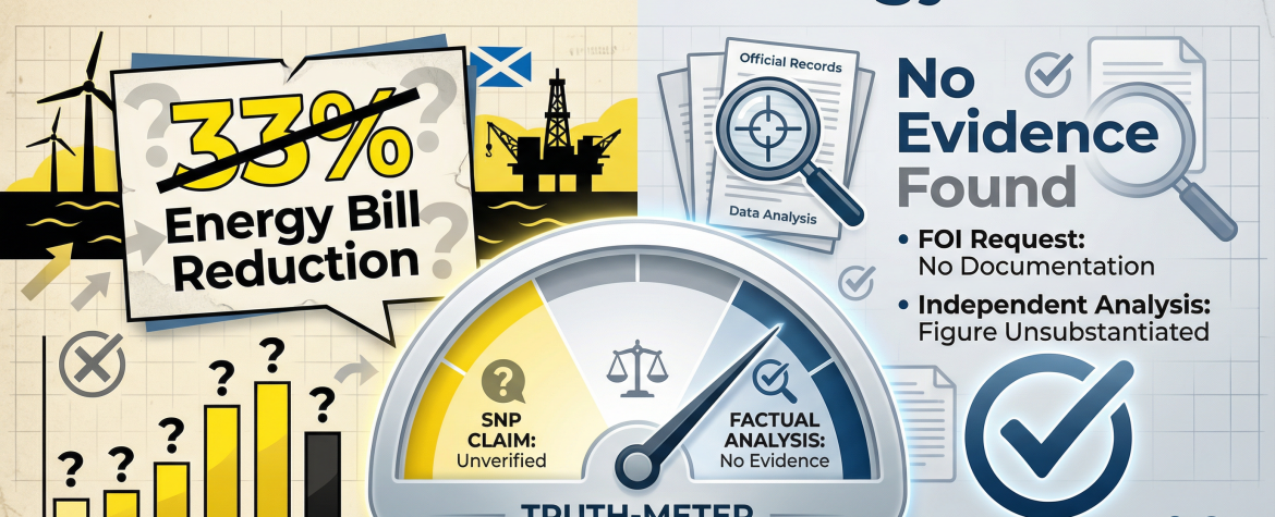 SNP energy bill reduction claim fact-check: Split-screen graphic showing lack of evidence for 33% cost reduction promise through Scottish independence, featuring truth verification meter and official analysis results.