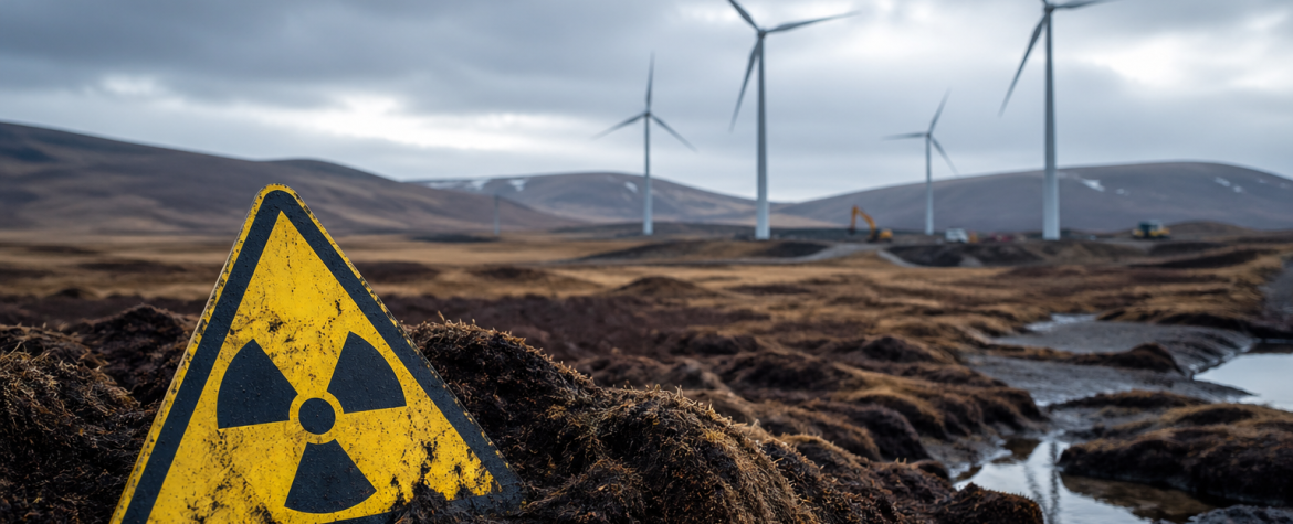 Scottish peatland disturbance with radiation warning sign and wind farm construction highlighting Chernobyl Cs-137 legacy risks