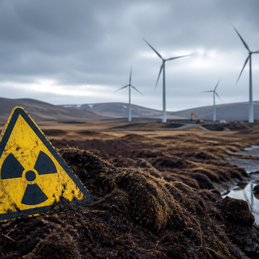 Scottish peatland disturbance with radiation warning sign and wind farm construction highlighting Chernobyl Cs-137 legacy risks