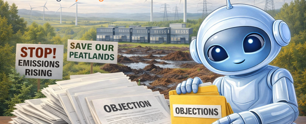 ObjectNow AI reviewing objections to Scotland’s energy planning, showing wind farms, battery storage infrastructure, peatland damage and electricity pylons.