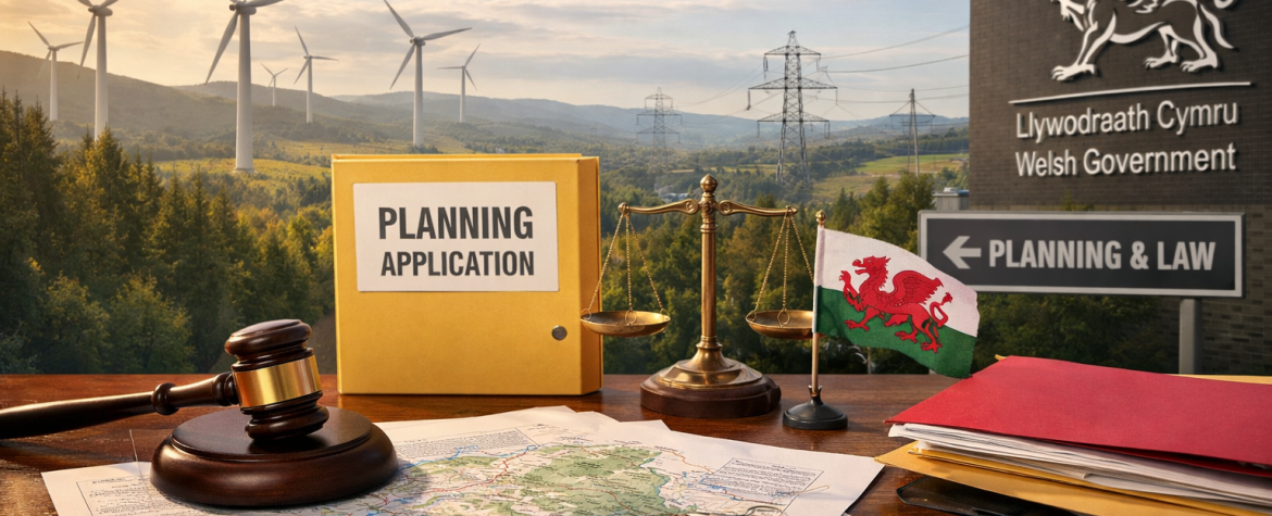 Planning documents and legal symbols set against wind turbines and Welsh Government context, illustrating renewable energy planning and governance in Wales.