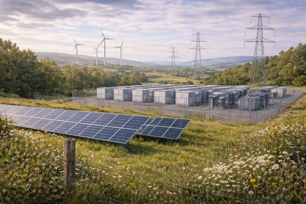 Solar farm and battery energy storage system in the Scottish countryside with wind turbines and electricity pylons in the background.