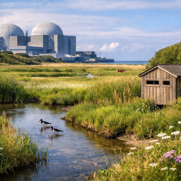 Nuclear power station next to a wetland with wildlife, showing a nature reserve in the foreground and reactor buildings in the distance.