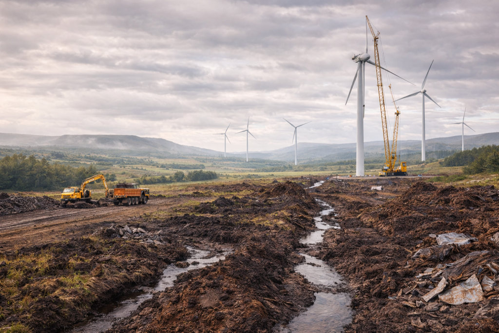 Wind turbine under construction on peatland with excavators, crane and disturbed ground in a rural Scottish landscape.