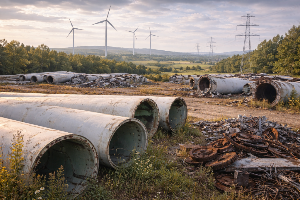Discarded wind turbine components and decommissioned energy equipment in the Scottish countryside with operational turbines and pylons in the background.