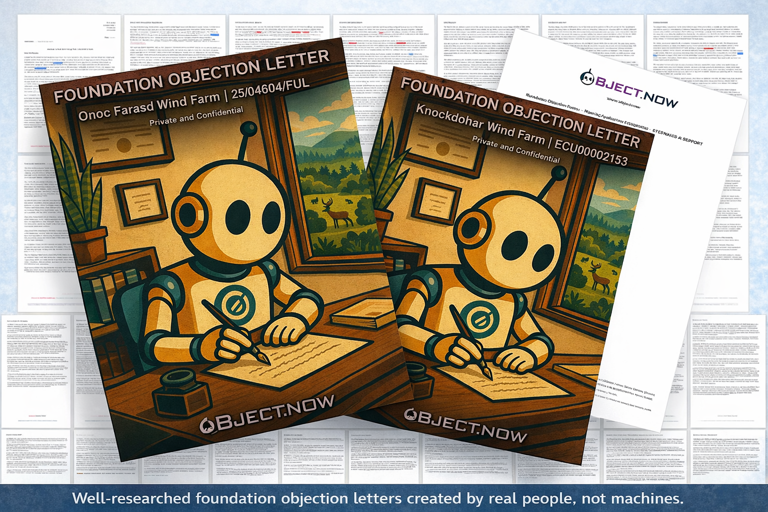 Illustration showing two foundation objection letters for wind farm applications in the foreground, with a stylised robot writing at a desk and blurred planning documents behind, representing human led research supported by controlled technology within ObjectNow.